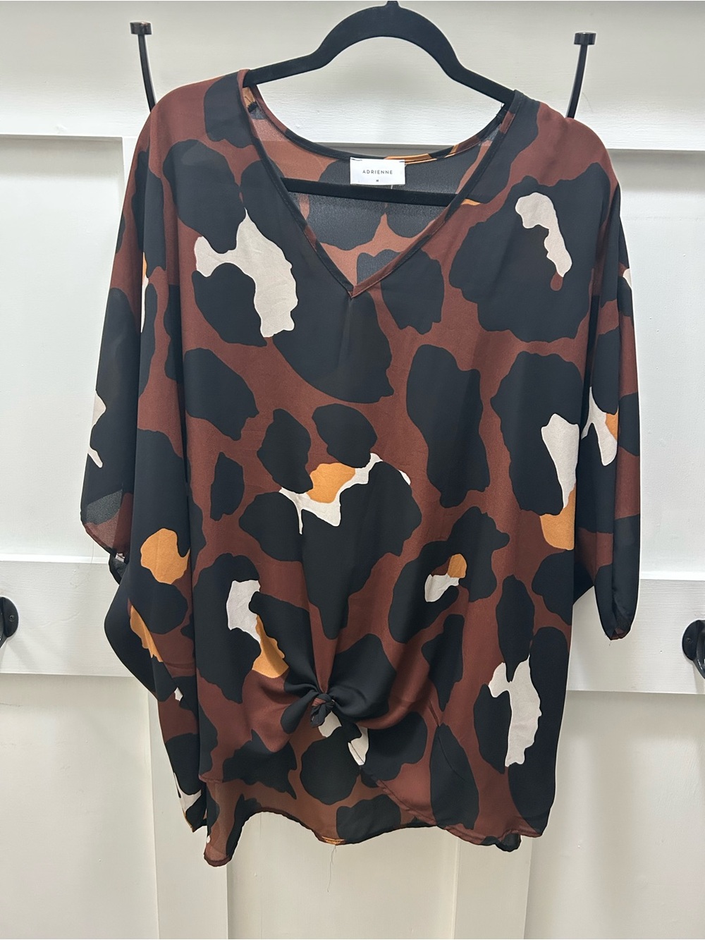 Boutique Brand, Adrienne, Brown & Black Leopard Print V-Neck Knot Front Blouse
